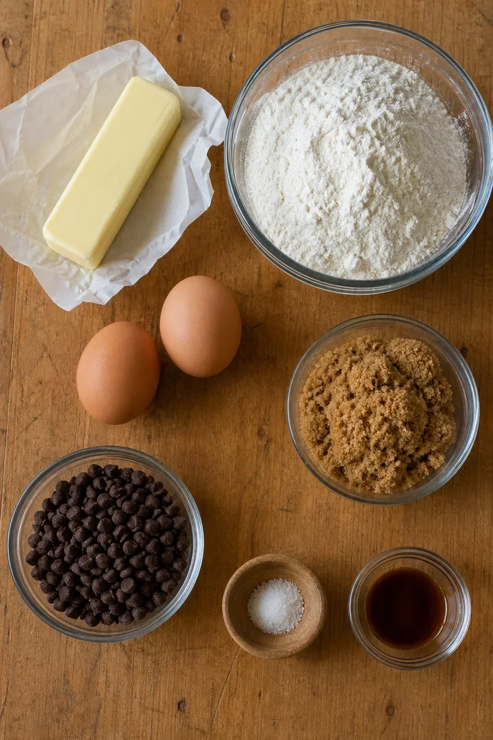Huevos, mantequilla, harina, azúcar y chips de chocolate antes de cocinar